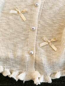 Women's Bowknot Ruffle Lightweight Knit Cardigan, French Girl Gentle Style Top - Apricot - View 6