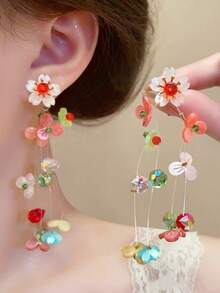 Colorful Dopamine Beaded Earrings, Long And Exaggerated, With Artificial Crystal Fringes As The Ear Decorations. - Multicolor - View 1