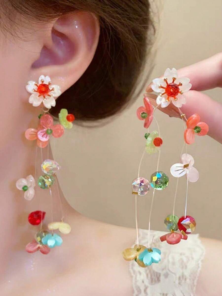 Colorful Dopamine Beaded Earrings, Long And Exaggerated, With Artificial Crystal Fringes As The Ear Decorations. - Multicolor - View 1