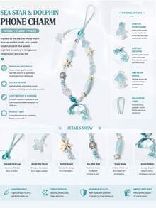 1pc Summer Sea Salt Blue Jellyfish Dolphin Phone Chain, Transparent Glass Underwater Animal Beaded Phone Case Wrist Pendant (Due To Shooting Angle And Magnification, The Actual Size May Differ Slightly From The Photo) - Baby Blue - View 5