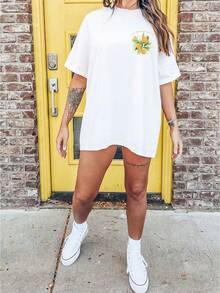 [Impression recto-verso] Vêtements décontractés amples pour femme, style frais, branches et feuilles d'oranger, t-shirt à manches courtes avec col rond et imprimé THE ORANGE STATE Florida. - Blanc - Voir 2