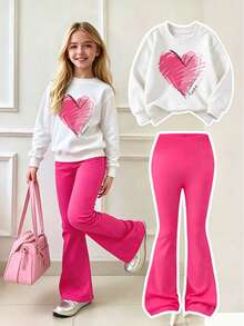 Tween Girl Heart Print Crew Neck Sweatshirt And Flare Pants - Pink - View 1