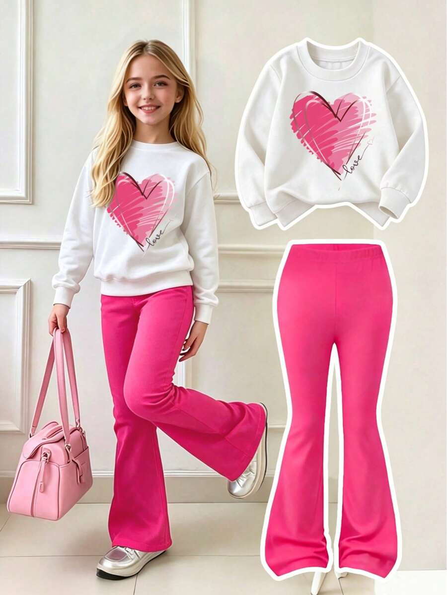 Tween Girl Heart Print Crew Neck Sweatshirt And Flare Pants - Pink - View 1