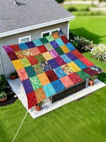 1PC Outdoor Sunshade Canopy With Colorful Checkered Pattern, Outdoor Patio Cover Can Block The Sunlight, Suitable For For Camping Beach Poolside Backyard Gardens Decoration, 2D Flat Printed Pattern, Come With Four Ropes And Nails, No Support Rod - Multicolor - View 6