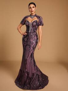 GIFORU Women's Elegant Romantic Deep V-Neck Rhinestone Mermaid Cocktail Dress, Sequin Decorated Party Long Gown, Unique Fashion Wedding Fall - Lilac Purple - View 6