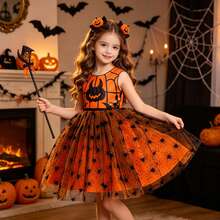 Girls' Halloween Pumpkin Print Tulle Dress, Party Costume For Holiday, Gathering, Runway, Performance - Orange - View 2