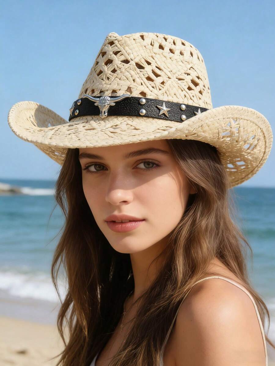 1 pieza Sombrero de vaquero de paja hueca, banda tejida de ganchillo transpirable, ala ancha vintage, accesorio de vibra enérgica, adecuado para festival de música y vacaciones en la playa