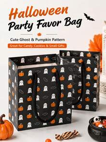 1/3 pièces Sacs cadeaux en papier avec imprimé fantôme, citrouille et chauve-souris avec poignées, sacs d'emballage pour faveurs de fête d'Halloween effrayantes, sacs fourre-tout à motif de dessin animé noir, sac de rangement pour bonbons de fête, fournitures d'emballage cadeau pour festival - Multicolore - Voir 3