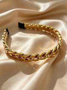 1pc Imported Korean Vintage Metal Chain Thin Edge Hair Band Headband, Versatile Hair Accessories With Chain & Printed Pattern - Gold - View 1