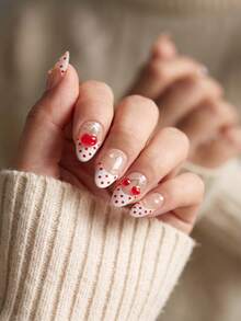 30Pieces Press On Nails Short Almond Nails French Tip Red Polka Dot Cherry Design 3D Water Droplet False Nails Cute Glue On Nails Reusable Fake Nails Set With Jelly Glue And Nail File Suitable For Gatherings And Daily Use - Multicolor - View 1