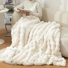 EDIMENS Faux Rabbit Fur Throw Blanket For Sofa, Reversible, Soft And Fluffy, Thick And Warm Plush Blanket For Sofa, Bed And Armchair, Decoration - 乳白色 - 查看 9