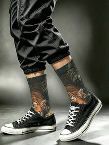 1 Pair Vintage Forest Jungle Tiger & Green Plant Illustration All-Over Print Mid-Calf Socks, Unisex Couple Socks For Travel, Black Reinforced Wear-Resistant Toe, Breathable Skin-Friendly High Elastic, Suitable For Denim Shorts, Cargo Pants, Dress Pants, Loafers, Slippers, Casual Commute Campus Student Socks, Beach Vacation Outfit, Outdoor Outing, Summer Party Gift, Random Print Position - Multicolor - View 9