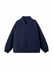 1pc Men's Navy Blue Lapel Jacket, Smooth Lightweight Woven Fabric, Draping And Non-Deforming, Machine Washable, Suitable For Campus, Commute, Daily Casual, Couple Matching, Basic Lapel Outerwear - Navy Blue - View 5