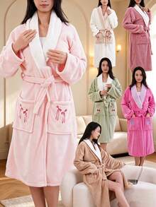 1件珊瑚絨刺繡蝴蝶結優雅女款長款浴袍，快乾浴袍，柔軟珊瑚絨，適用於浴室、桑拿、酒店、健身房、旅行、學校、返校，溫馨家居裝飾 - 多色(均碼) - 查看 10