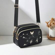 1件休閒通勤女款斜背包，4拉鍊蝴蝶設計，純色個性時尚刺繡紋理，舒適觸感，手提、肩背，大容量，適合旅行、購物、通勤必備 - 黑色 - 查看 7