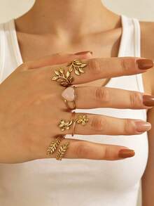 4pcs Stainless Steel 18K Gold Plated Elegant Leaf Heart Plumeria Ring Set, Suitable For Women's Daily Wear, Gift, Travel - Multicolor - View 3
