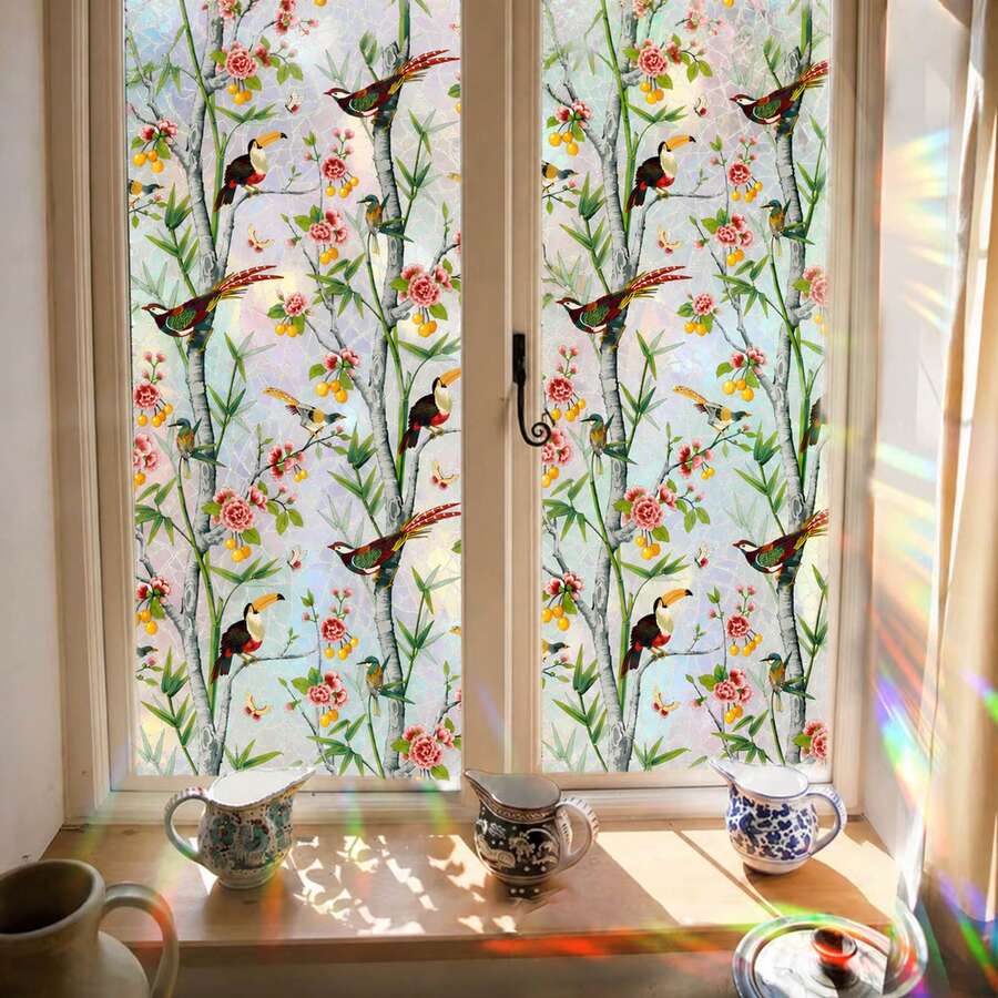 Aesthetic Bathroom Window Glass Film, Static Cling Glue-Free, Opaque Privacy Protection Film, 3D Rainbow Effect, Boho Floral & Bird Pattern, Home Decor - Rainbow Flower and Bird Sticker - View 1