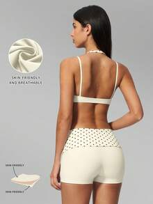 MFVIM Women's 2-Piece Yoga Set, Vintage 2 In 1 Camisole / Folded High Waist Slimming 3-Inch Shorts Anti-Exposure - Cream With Black Polka Dots - View 4
