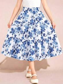 Tween Girls' Summer Casual Floral Print A-Line Skirt - Blue - View 2