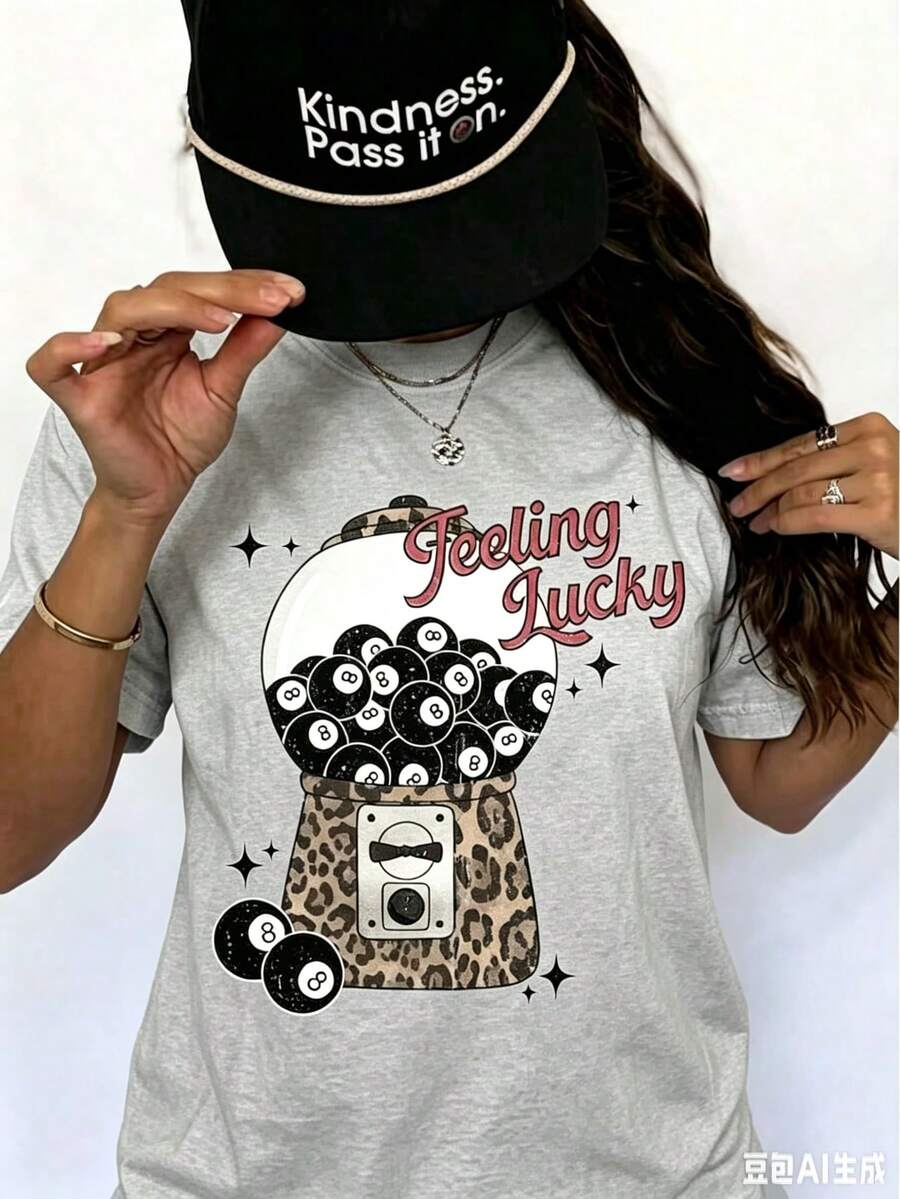 Feeling Lucky Cherry Graphic T-Shirt For Women, Casual Short Sleeve Crew Neck Printed Tee, Aesthetic Y2K Summer Top, Holiday Vacation Spring Festival - 灰色 - 查看 1