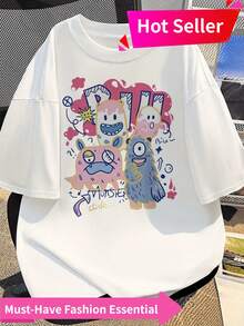 Men's 100% Short Sleeve T-Shirt With Playful Cartoon Print - Regular Fit Casual Summer Tee, Machine Washable Round Neck Top For Casual Attire, - White - View 1