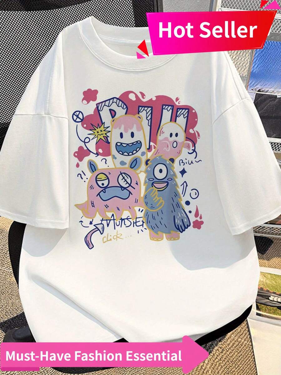 Men's 100% Short Sleeve T-Shirt With Playful Cartoon Print - Regular Fit Casual Summer Tee, Machine Washable Round Neck Top For Casual Attire, - White - View 1