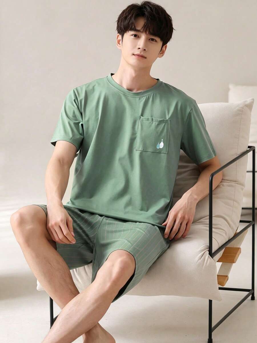 AICJ 男士纯色休闲宽松简约口袋圆领短袖格子短裤睡衣套装(2件套),适合春夏穿着 - 薄荷綠 - 查看 1
