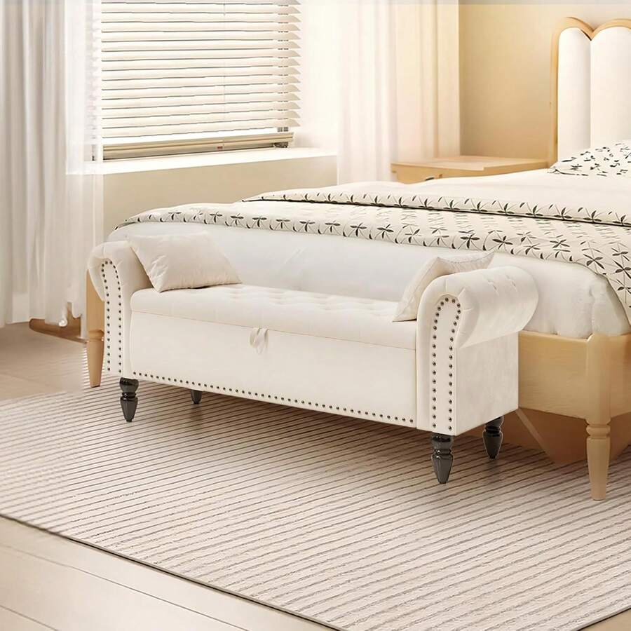 Storage Bench 133cm, Velvet Fabric Storage Box, Indoor Footstool, Bed Bench, Storage Chest With Armrests For Living Room, Bedroom, Hallway - Beige - View 1