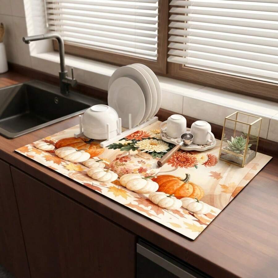 1件裝洗碗乾燥墊 咖啡機墊 秋季風格水紋圖案吸水桌墊 感恩節氛圍裝飾墊 南瓜菊花楓葉圖案桌面保護墊 多用途桌面吸水乾燥墊 房間桌面保護墊 節日禮物 廚房裝飾