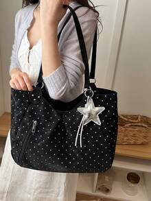 Sweet Polka Dot Soft Fabric Tote Bag, Black Large Capacity Open Top With Metal Ring Strap Connector And Star Keychain For Travel Grocery Trips - Black - View 2