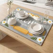 1 pieza Tapete de secado de platos, Tapete para cafetera, Tapete de secado de platos de cocina con patrón lindo de gato naranja & margarita, Protector de mesa de habitación, Regalo festivo, Decoración de cocina - XYLSD702 - Ver 6