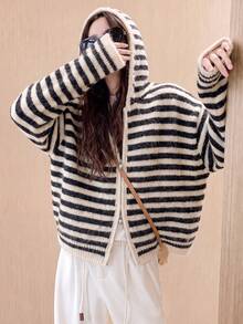 Women's Autumn/Winter Wool Blend Casual Minimalist Vintage Classic Striped Hooded Knit Cardigan Sweater - Oatmeal - View 4