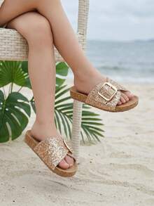 1 Pair Fashionable New Girls' Champagne Gold Glitter Single Strap Soft Sole Sandals, Adjustable Metal Buckle Slides, Summer Non-Slip Soft Sole Princess Slippers, Suitable For 3-16 Years Old Medium To Large Children Birthday Party, Beach Vacation, Beach Play, Versatile Outdoor Wear Sweet Style Casual Beach Shoes - Gold - View 2
