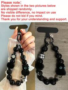 1PC Black Plush Cat Phone Lanyard Beaded Wrist Strap Car Key Chain Bag Charm Phone Hanging Chain With Free Spacer (Randomly Sent With Round Tag Or Without Round Tag) - Multicolor - View 11