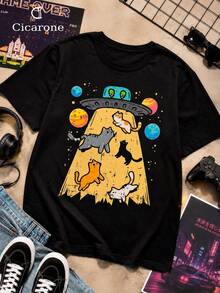 Alien Cat Catching T-Shirt, Unisex Men's And Women's Blouse, 100% Cotton, Premium Top Streetwear, New Release, Immediate Shipping, Various Colors!! - 黑色 - 查看 5