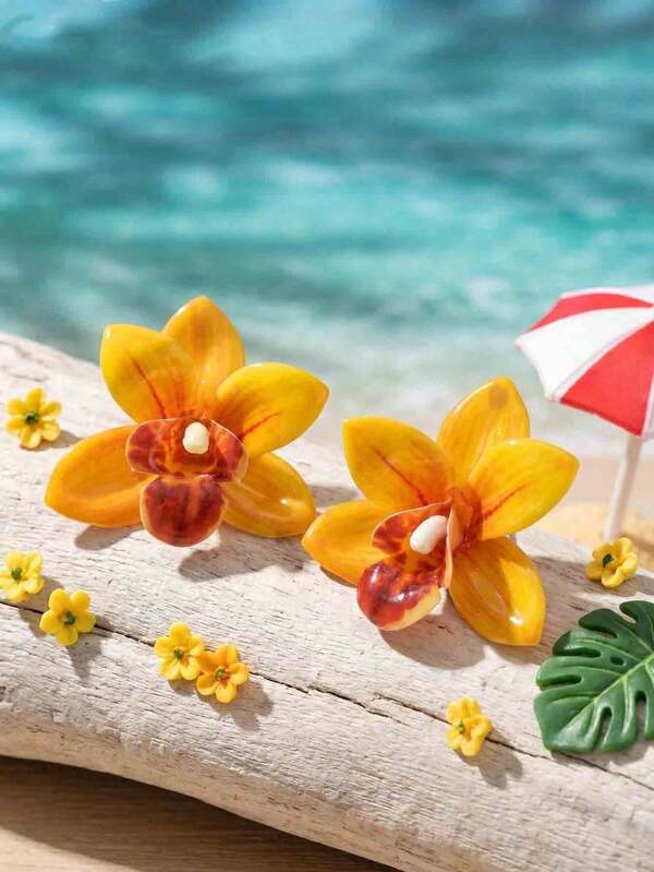 Tropical Floral Earrings, Vintage Exaggerated Plant Earrings, Summer Holiday Style Yellow Orchid Earrings, Niche Design Earrings For Photoshoot