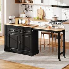 Kitchen Island On Wheels, Extendable Kitchen Island With Dining Area, Waste Bin Compartment And Drawers, Mobile Freestanding Kitchen Island, Ideal For Kitchen And Dining Room (White) - Black - View 3