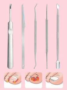 5pcs Stainless Steel Hand & Foot Care Tool Set - Double-Ended Callus Pusher, Pedicure Knife, Double-Ended Nail File, Nail Scraper, Double-Ended Nail Clipper, For Cleaning And Removing Hand & Foot Dead Skin, Ingrown Nails And Embedded Nails - Silver - View 1