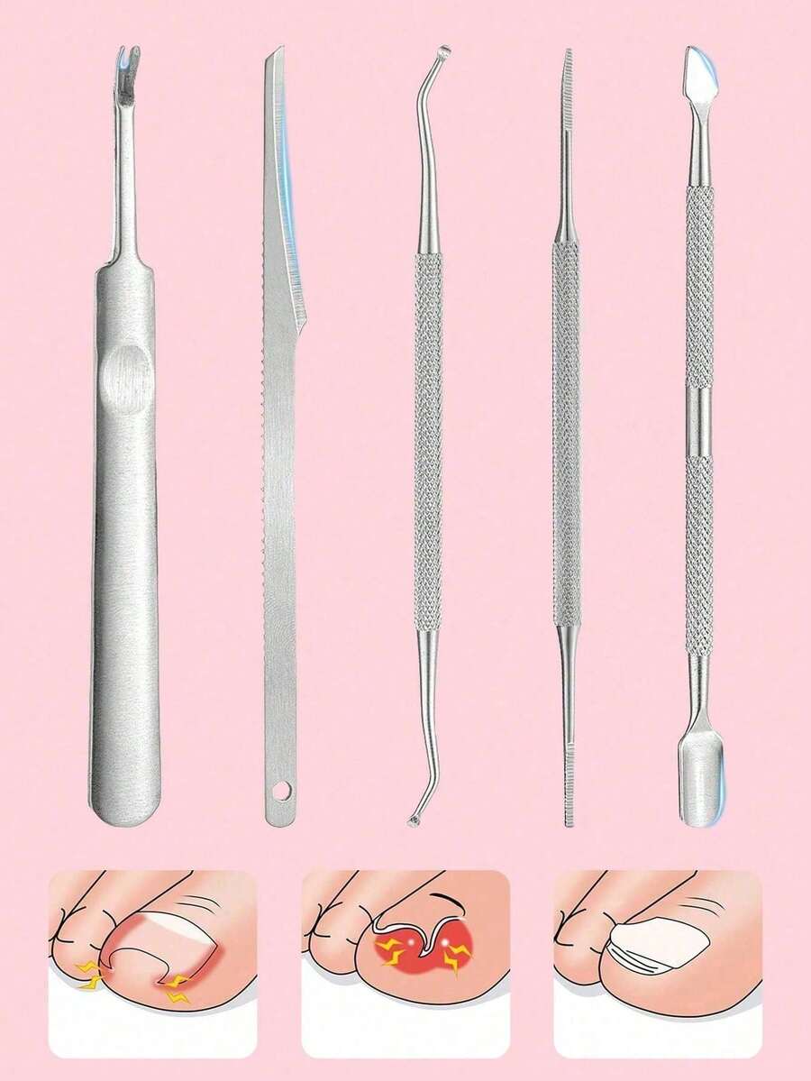 5pcs Stainless Steel Hand & Foot Care Tool Set - Double-Ended Callus Pusher, Pedicure Knife, Double-Ended Nail File, Nail Scraper, Double-Ended Nail Clipper, For Cleaning And Removing Hand & Foot Dead Skin, Ingrown Nails And Embedded Nails - Silver - View 1