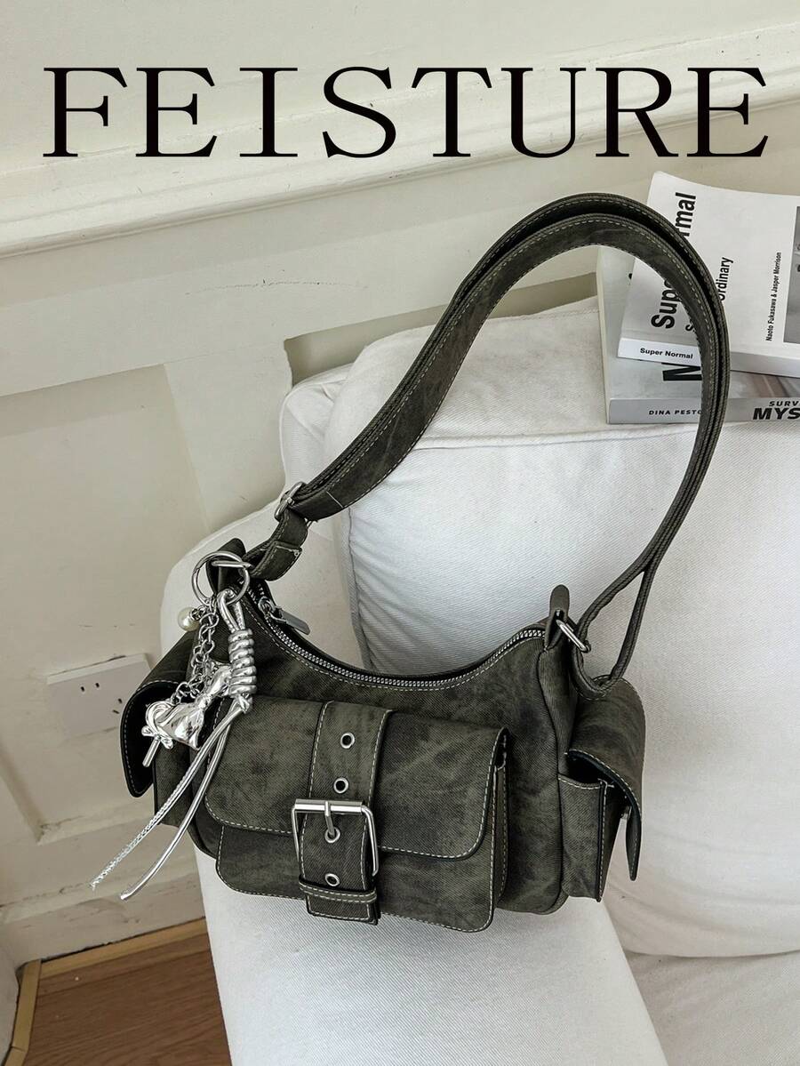 FEISTURE 1件 PU布料多口袋單肩斜跨包，小方包附肩帶，拉鍊開合，附吊飾，適合女孩、女性、大學生、職場新人與白領上班族，適用於工作、商務、通勤、上學