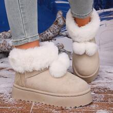 Novas Botas de Neve Femininas de Inverno, Botas de Tornozelo com Gola de Pele Fofa e Decoração de Pompom, Adequadas para Uso Diário, Botas Marrons para Mulheres - Bege - Visão 3