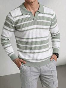 1pc Boys' Teen Retro Colorblock Green & White Striped Knit Polo Shirt, Autumn/Winter - Green - View 4