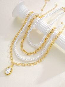 4pcs/Set Layered Fashion Minimalist Elegant Exquisite Vintage Design Geometric Faux Pearl Chain Minimalist Plain Chain Multi-Layer Pendant Necklace Set, Holiday Vacation Party Date Gift, Daily Commute Wear, Personalized - Yellow Gold - View 4