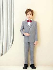 Boys Plaid 3 PiecesSuit Set, Toddler Formal Wear, Groomsman Outfit, Wedding Suit Vest & Pants, Formal Attire, Light Gray, 3-8 Years - Light Grey - View 6