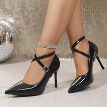 Women's Black Glossy Cross Strap Pointed Toe Low Vamp Stiletto Heel Pumps, Y2K Elegant Commuter Style High Heels - Black - View 12