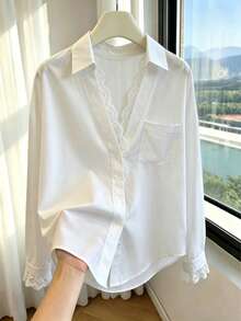 Women's White Long Sleeve Polyester Shirt With Lace Decoration, Fashionable Daily Wear, Pocket Design, Regular Fit - White - View 7