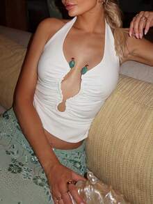 Women's Summer Vacation Beach Metal Sexy Ruched Halter Neck Crop Top White - White - View 6