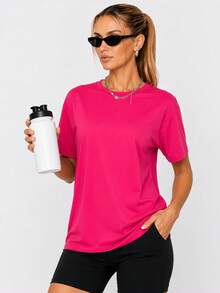 Nonwe Women Loose Fit Plain Short Sleeve T Shirt Soft Stretch Crew Neck Casual Sports Basic Tee Daily Wear - Hot Pink - View 5