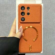 奢華復古荔枝紋磁吸無線充電手機殼，適用 Galaxy S26Ultra S26Plus S25Ultra S24Ultra S25 S24 Plus，大窗相機鏡頭保護，PU 皮革防摔緩衝軟背蓋 - 橘色 - 查看 5