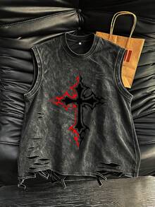 Vintage Washed Distressed Men's Tank Top - "FREE GANG" Gothic Cross & Club Graphic Tank - Black - View 1